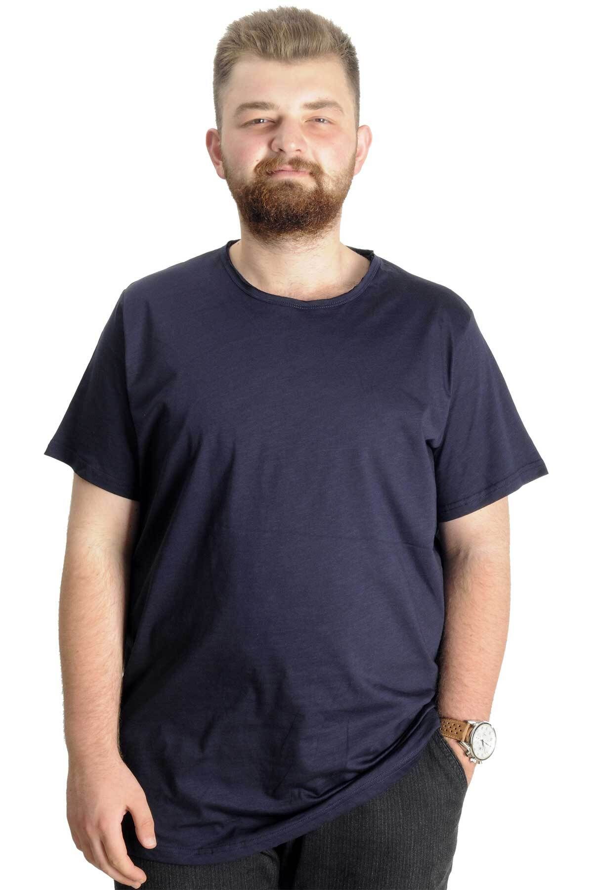 Modexl Mode XL Büyük Beden Erkek T-Shirt Flam Yaka Basic 20035 Lacivert