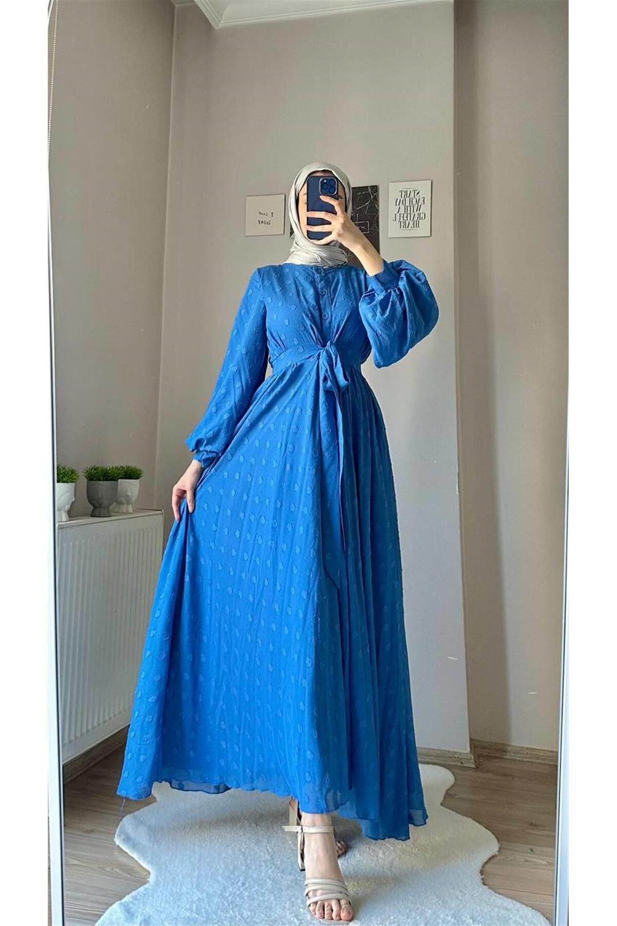 MİSS VİSHNE Beli Bağlamalı Balon Kollu Mavi Elbise