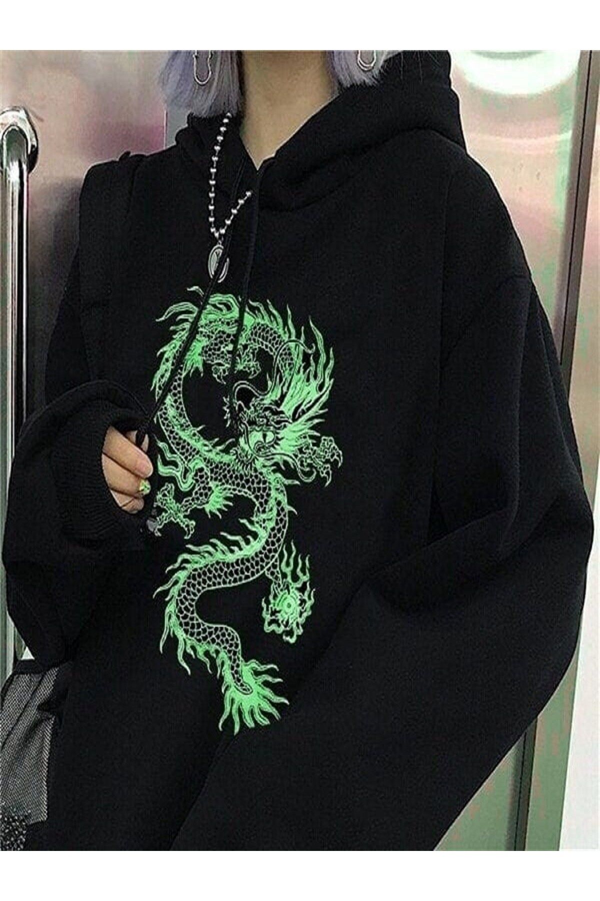 Touz Moda Anime Harajuku Oversize Unisex yeşil Dragon