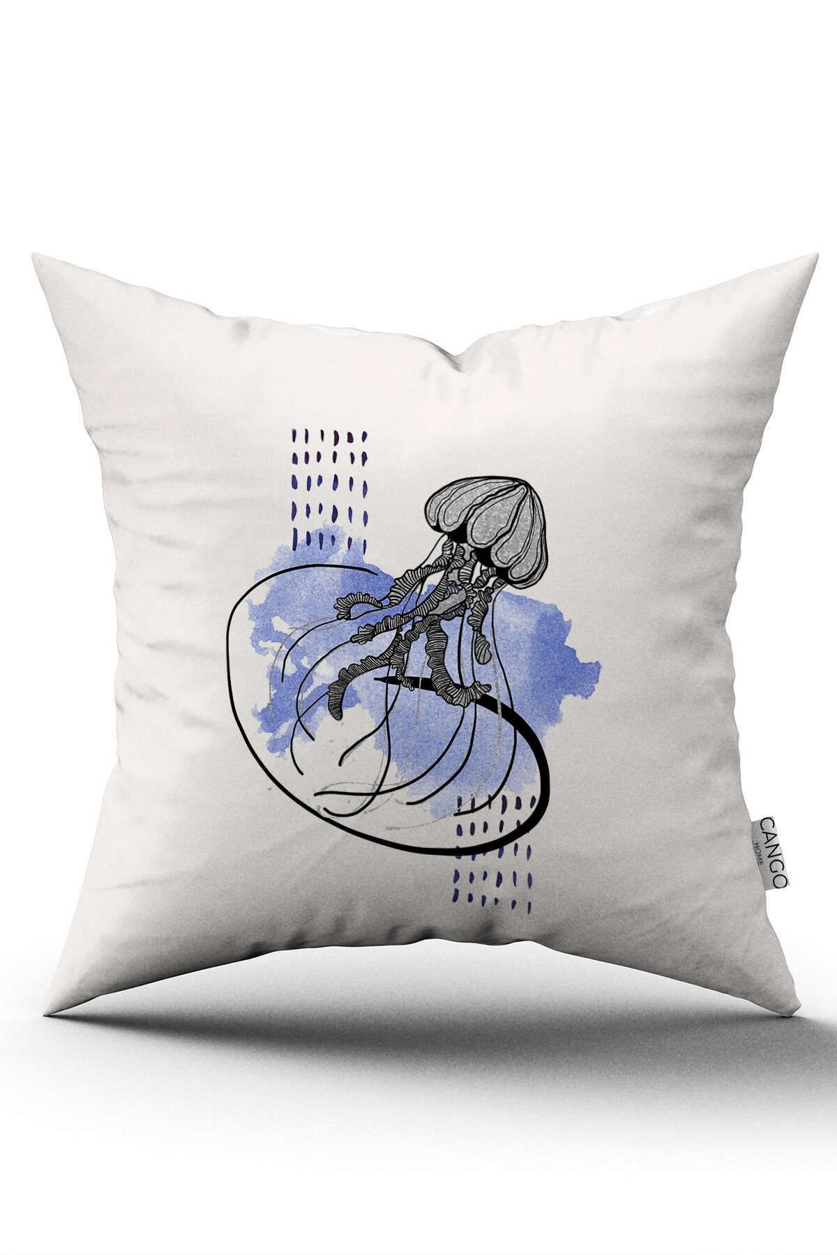 Cango Home Çift Taraflı Beyaz Mavi Denizanası Marin Desenli Dijital Baskılı Kırlent Kılıfı Cgh1120