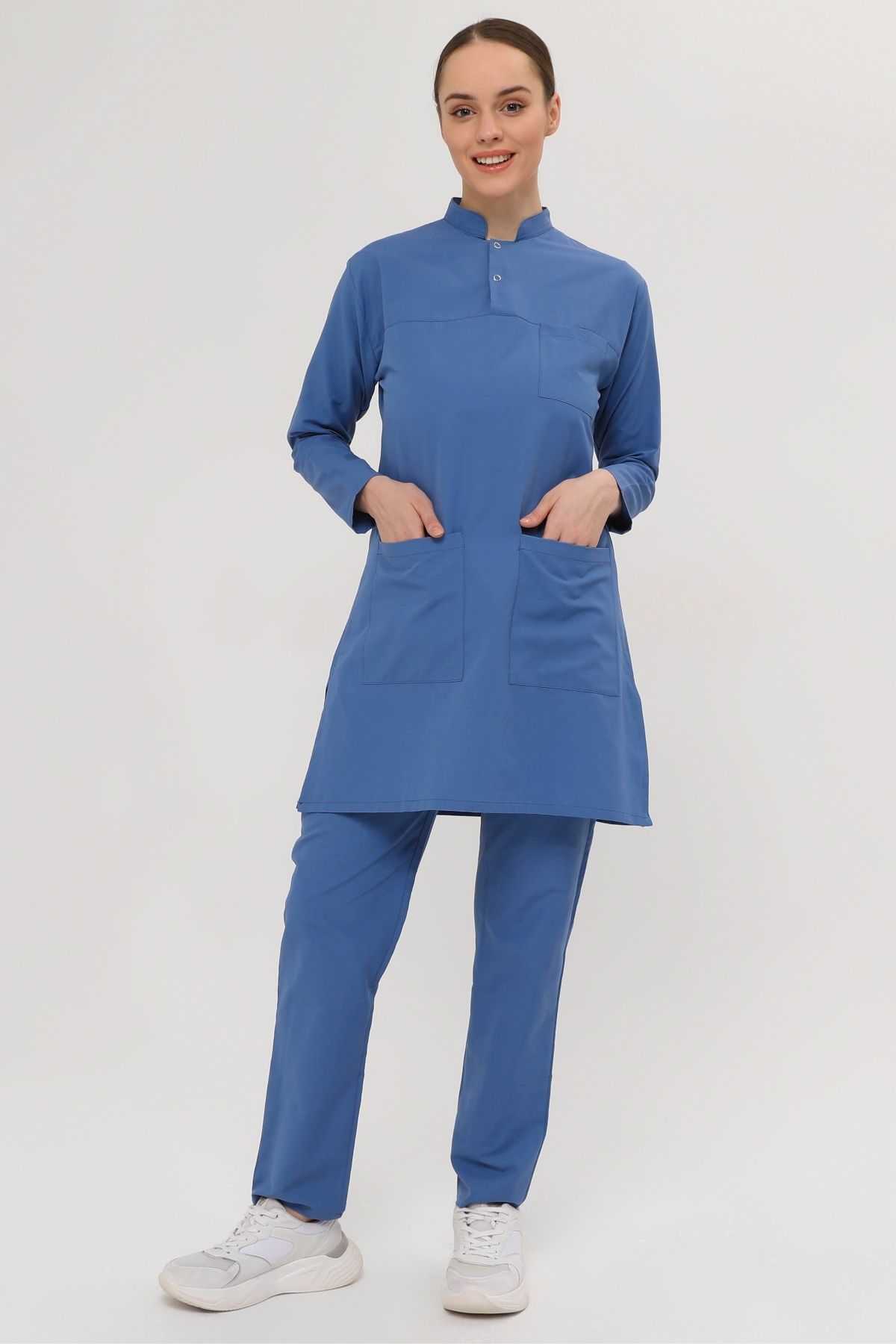 Medinila Thin Flex 2 Çıt Çıtlı Tesettür Indigo Mavi Likralı Terikoton Takım - Kadın Hemşire Forması