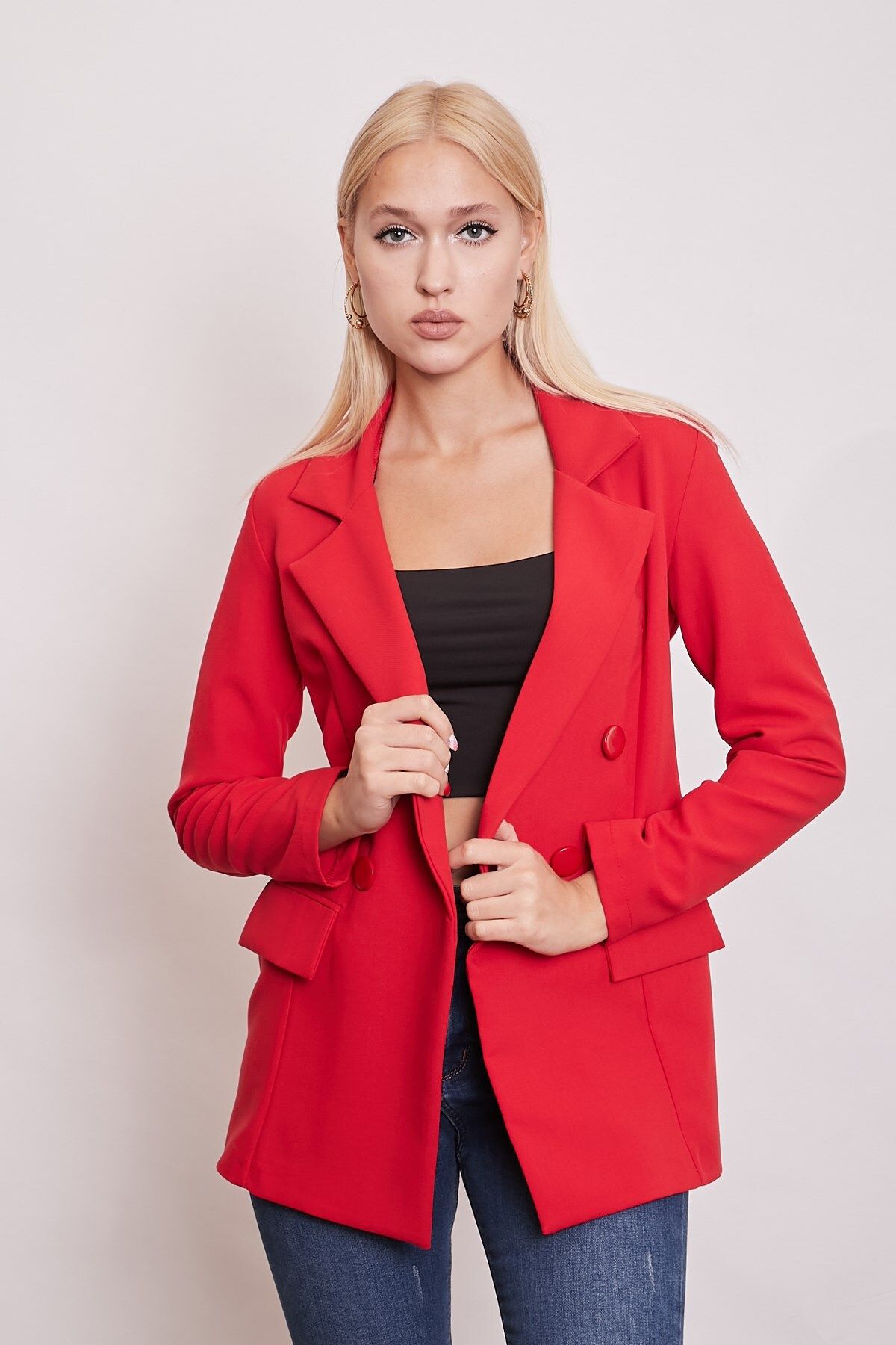 Jument Kadın Düğme Detaylı Uzun Kol Şık Ofis Süs Cep Kapaklı Kumaş Blazer Ceket-kırmızı