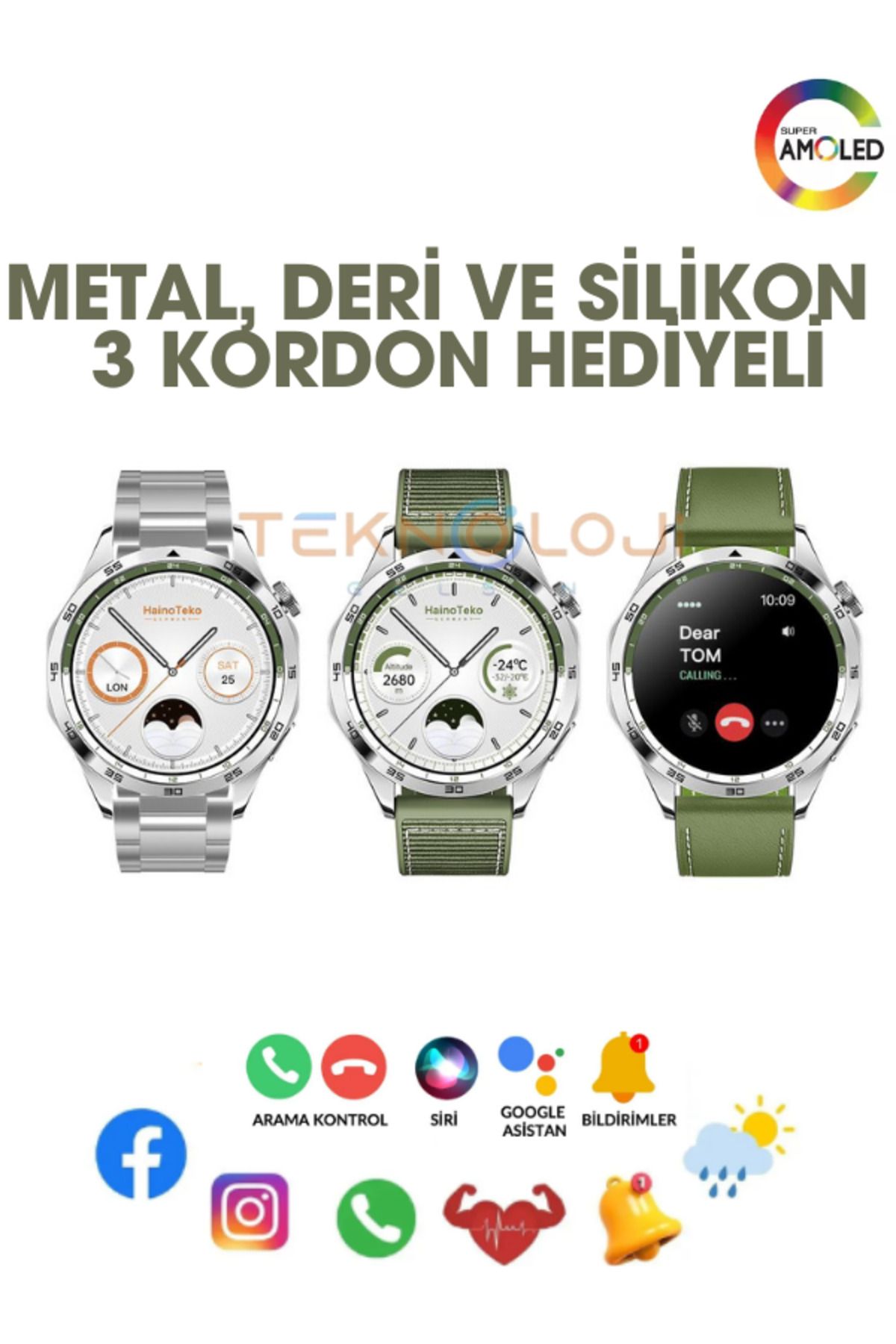 Teknoloji Gelsin GT4 Akıllı Saat Yuvarlak Kasa Amoled Ekran Smart Watch Türkçe Menü Ios ve Android Uyum 3 Kordonlu