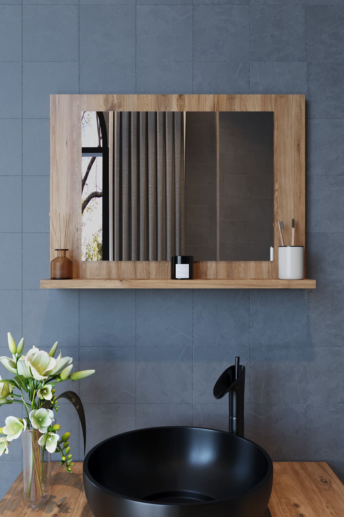 makbulce Yakut Dresuar,60x45 Raflı Banyo Aynası Atlantik Çam