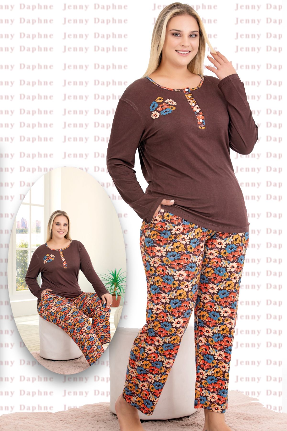 Jenny Daphne Yumuşacık Çiçek Desenli Uzun Kollu Büyük Beden Viskon Kumaş Pijama Takımı 11371