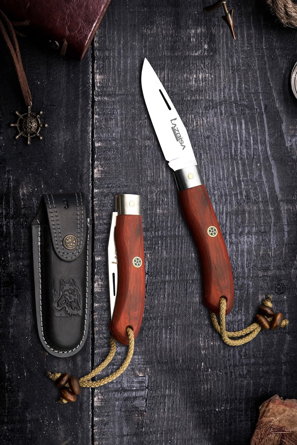LAZBİSA Outdoor Piknik Çakısı Kamp Bıçak Bıçağı Çakısı Mutfak Bıçak Kılıflı El Yapımı ( Paduk Ağacı Sap )