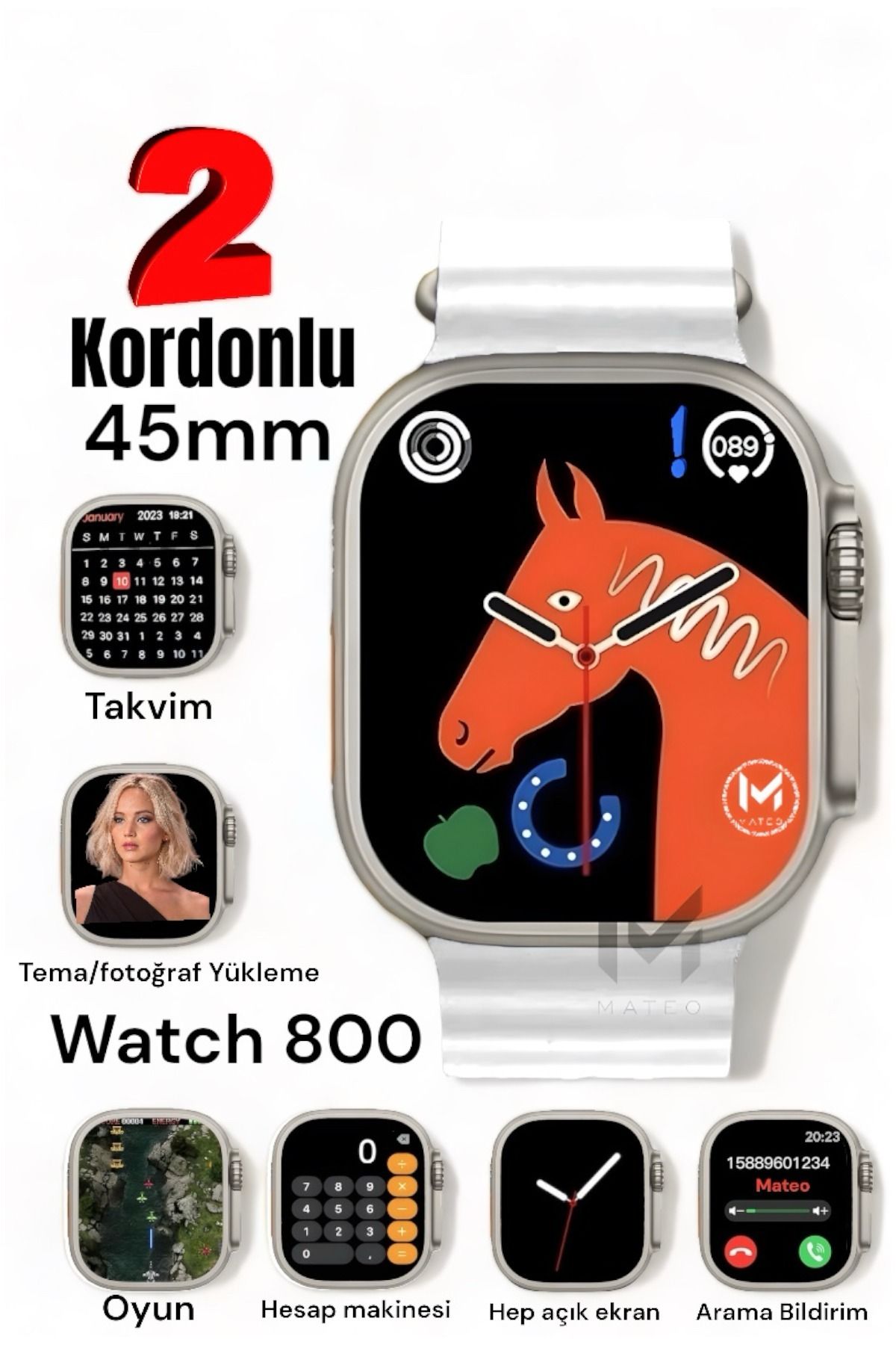 MATEO Akıllı Saat Watch 8 ultra 45mm 1.99 İnç Türkçe Tüm Telefonlara Uyumlu Bluetooth Arama Beyaz