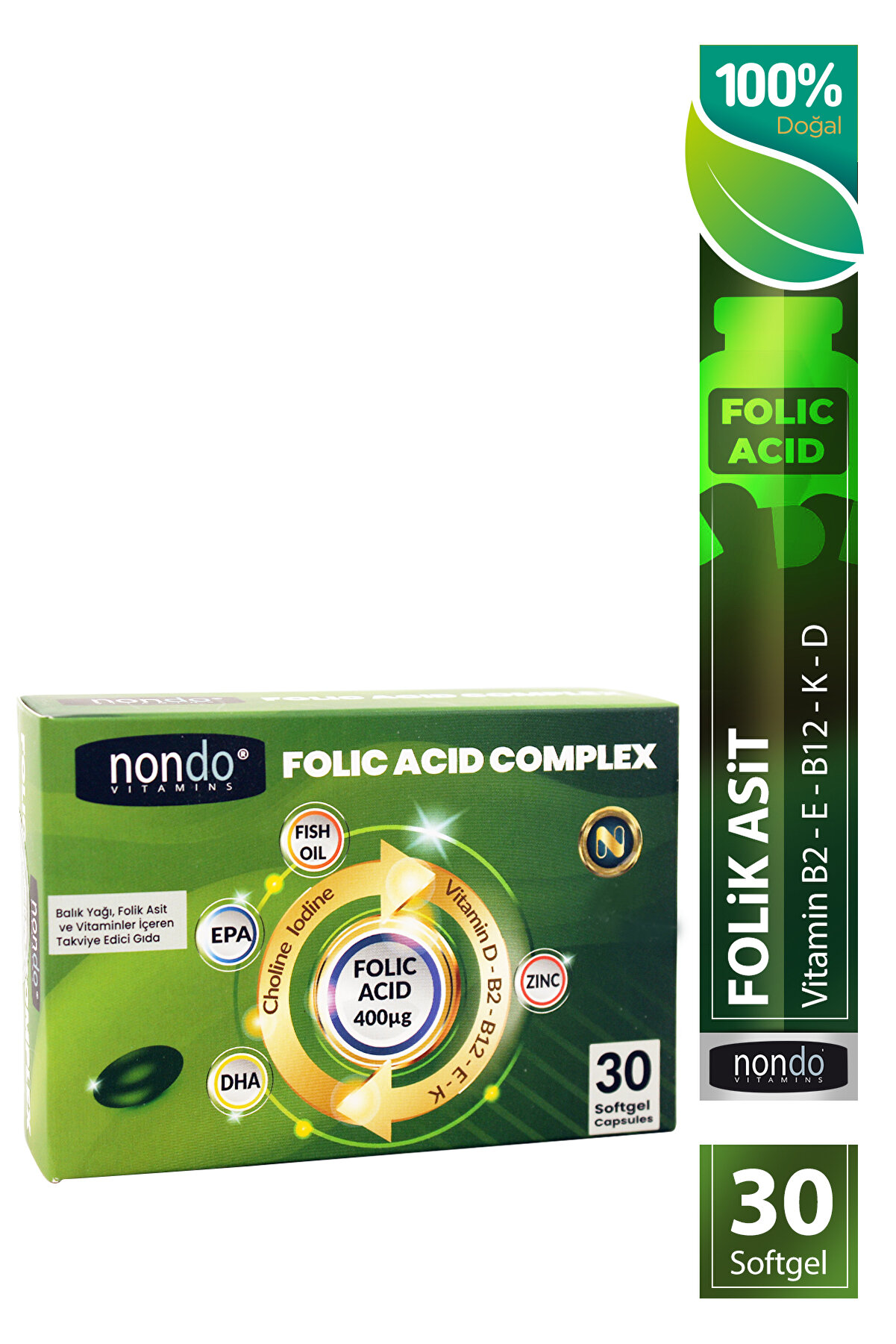 Nondo Folic Acid Complex 30 Yumuşak Jelatin Kapsül (FOLİK ASİT 400 MC, EPA, DEHA, KOLİN, VİTAMİN B2,E10,D)