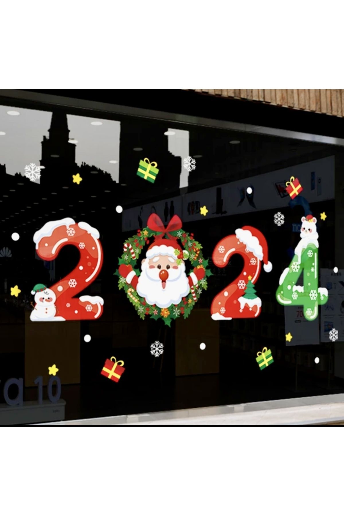 Think And Print 2024 Yeni Yıl Yılbaşı Figür kardan adam Noel baba çam ağacı Cam Duvar Sticker Seti Etiket