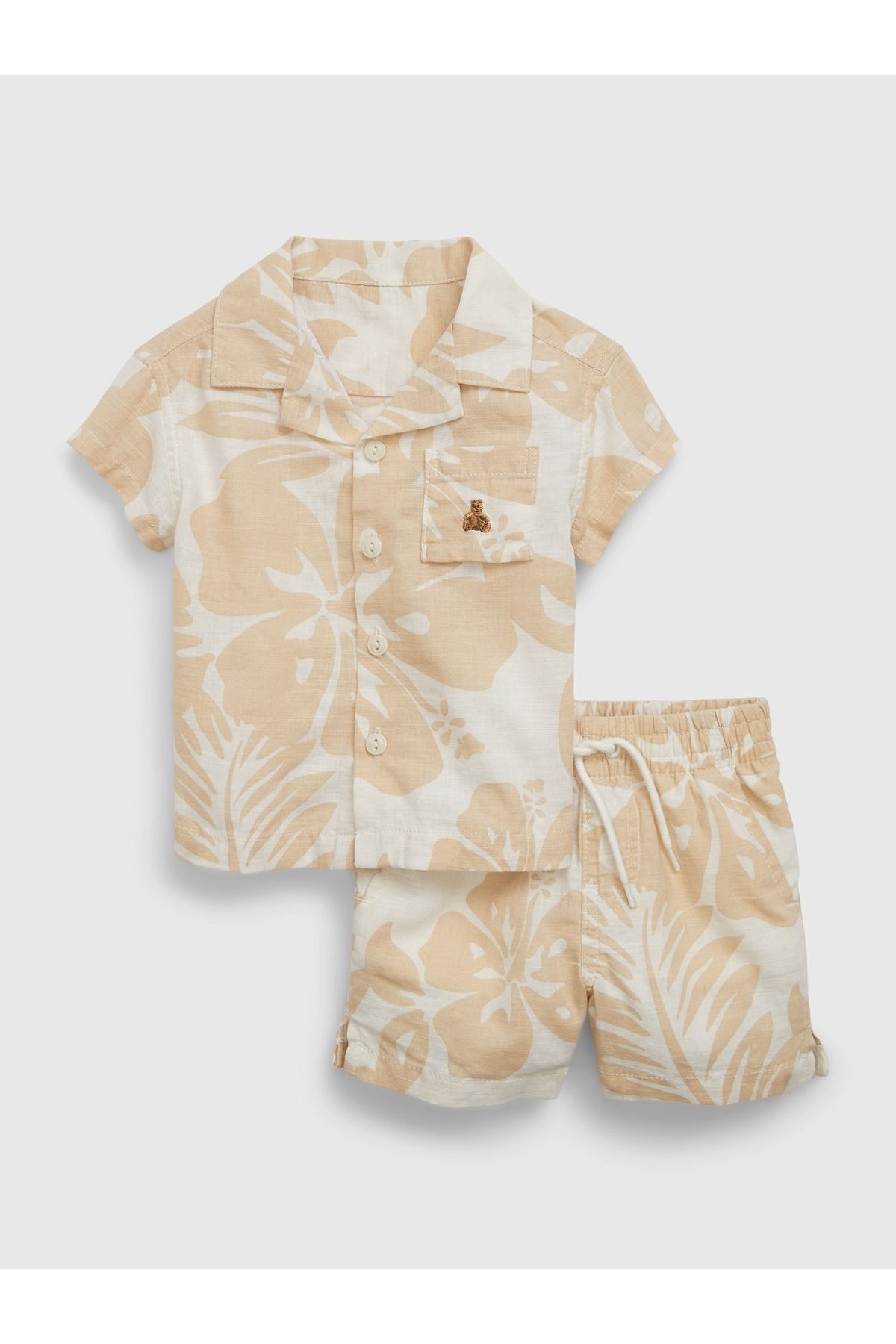 GAP Erkek Bebek Bej Keten Pamuk Karışımlı Brannan Bear Işlemeli Outfit Set