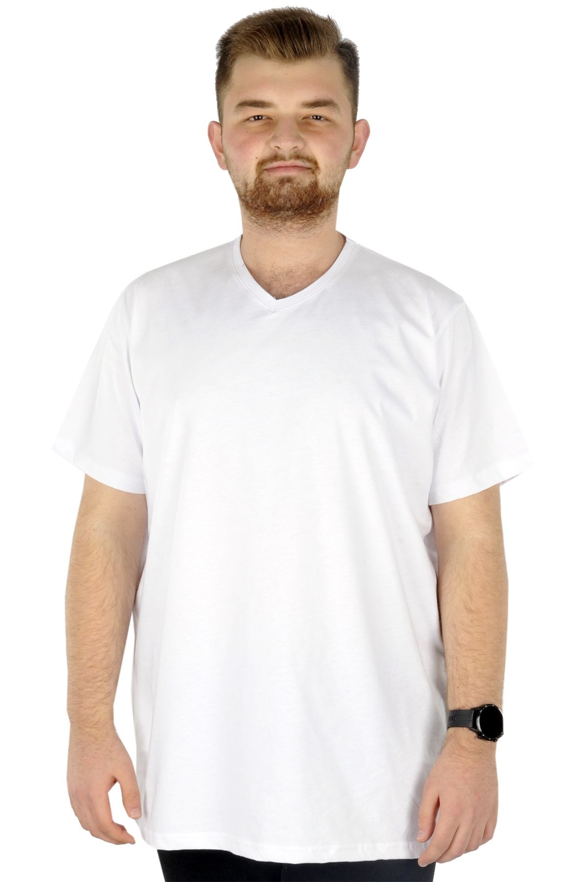 Modexl Mode Xl Büyük Beden Erkek Tshirt V Yaka Basic 20032 Beyaz
