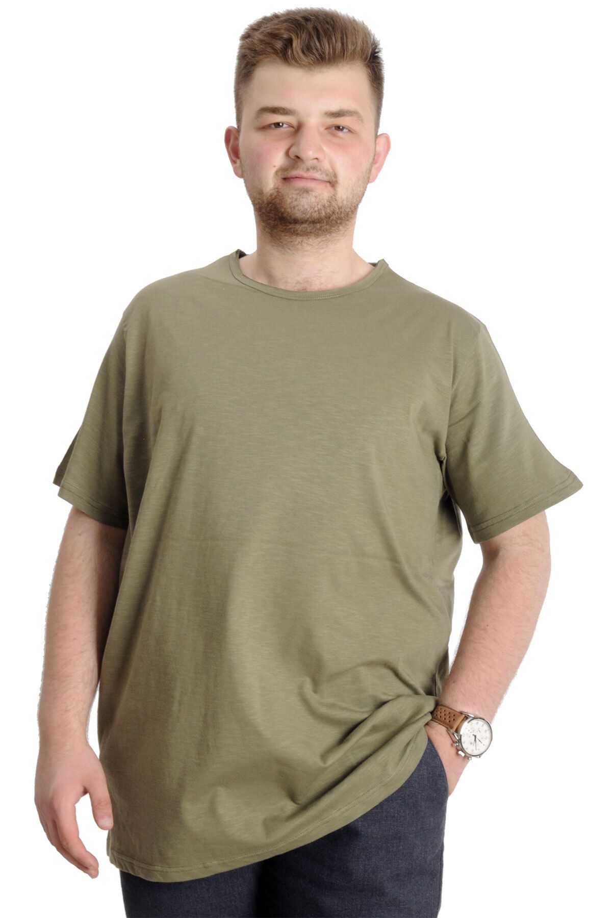 Modexl Mode XL Büyük Beden Erkek T-shirt FLAM Yaka Basic 20035 Haki