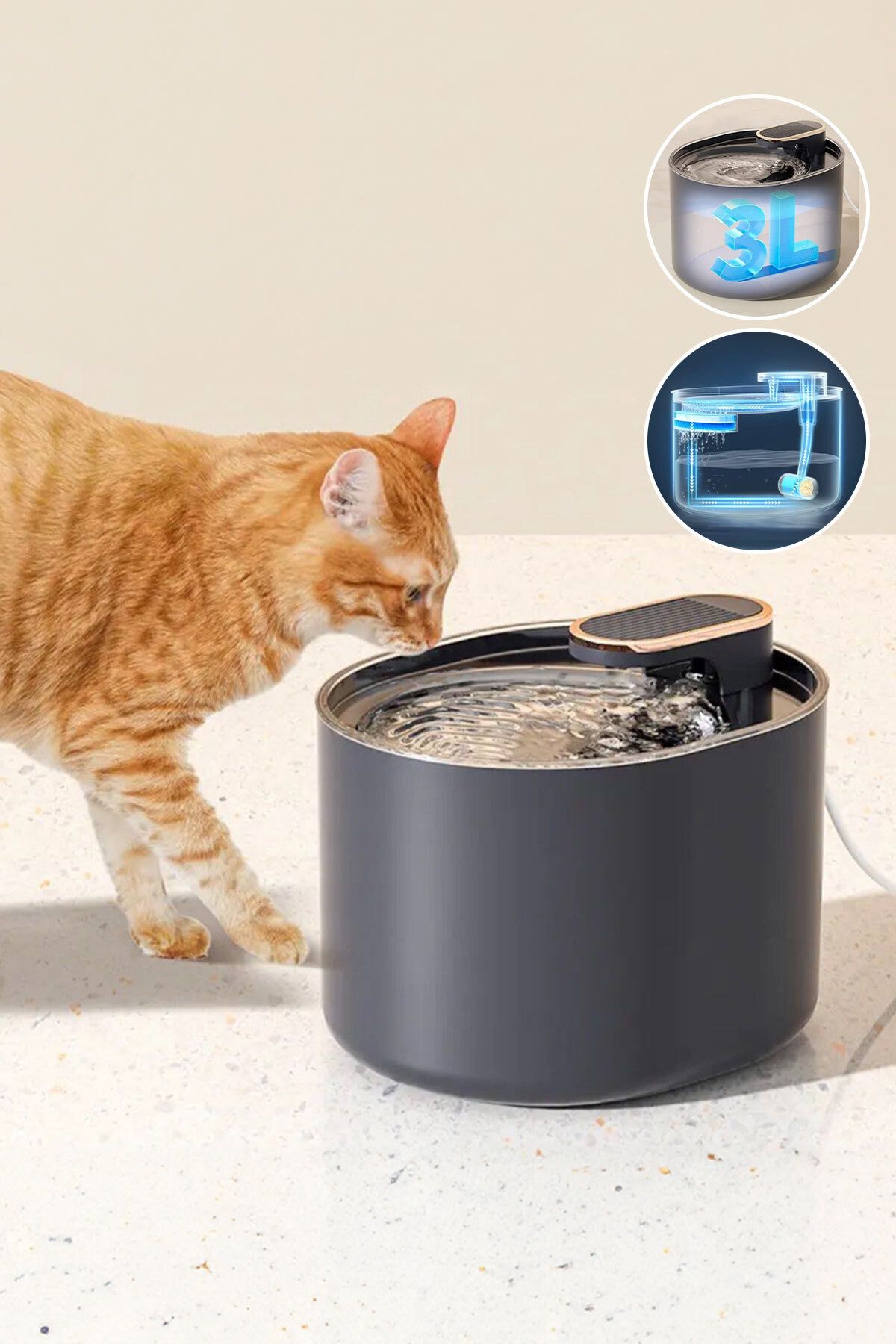 GOBYPET Kedi Köpek Su Sebili Otomatik Su Pınarı Su Çeşmesi Lüx Siyah 3 Litre