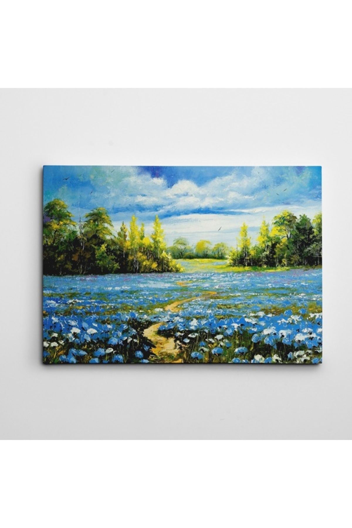 artefoni Mavi Çiçekler ve Yol Yağlıboya Reprodüksiyon Dekoratif Kanvas Tablo 40 x 60 CM