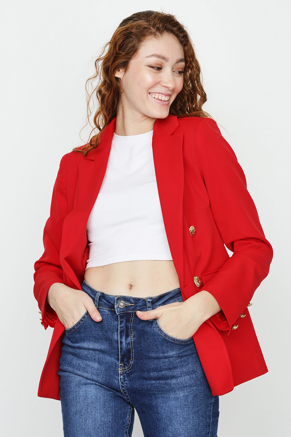 Select Moda Kadın Kırmızı Gold Düğmeli Blazer Ceket