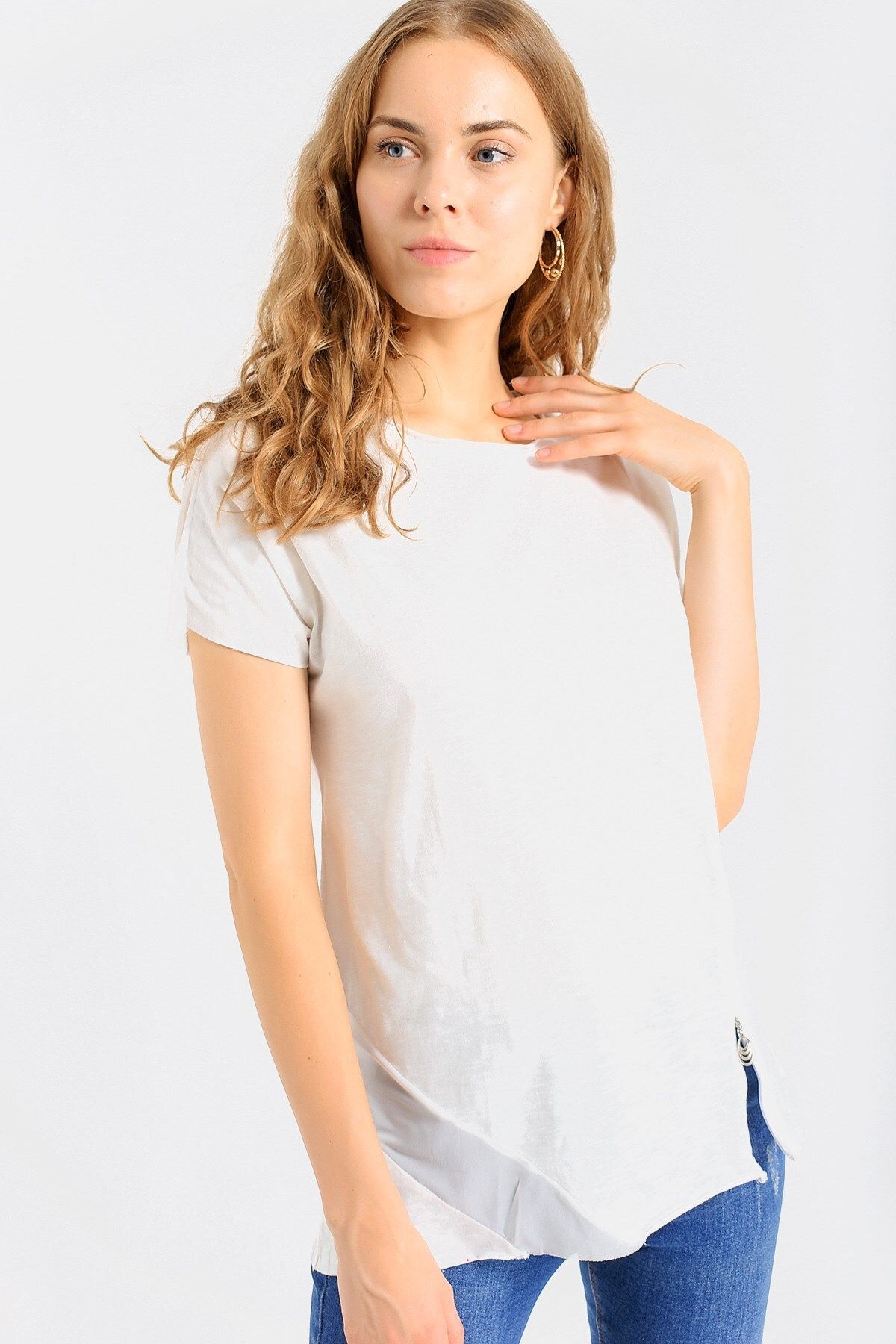 Jument Kadın Pamuklu Fermuar Detaylı Bluz Tshirt-krem