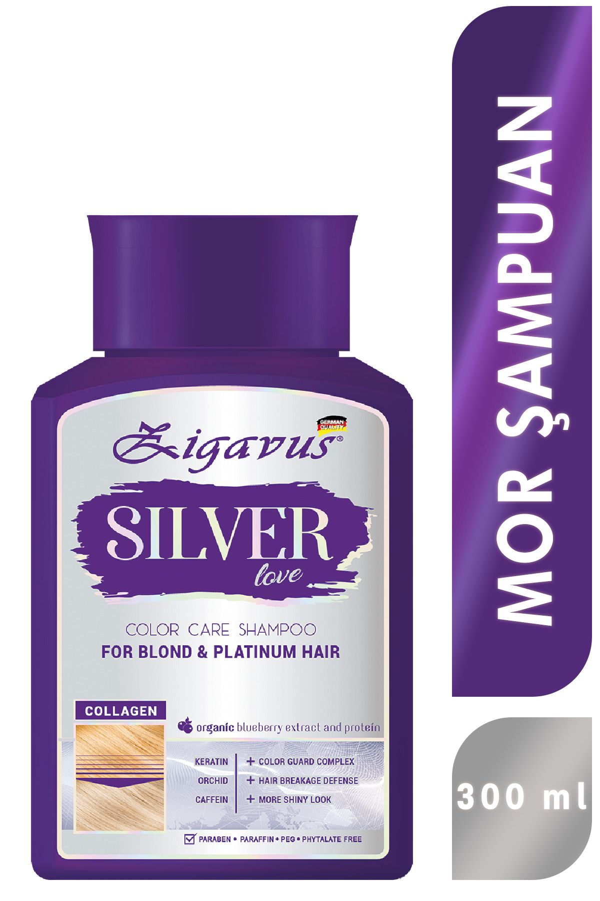 Zigavus Silver Turunculaşma Karşıtı Mor Şampuan Sarı, Platin Saçlara Renk Koruyuculu Keratin Cafein 300 ml