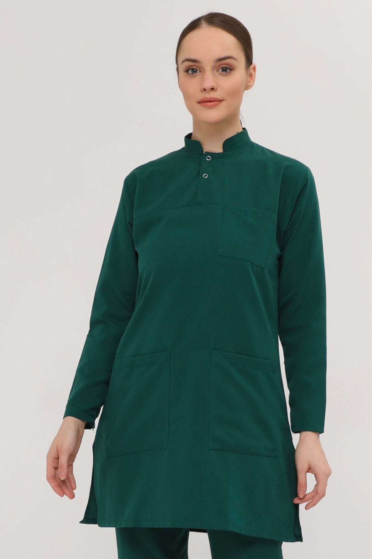 Medinila Thin Flex 2 Çıt Çıtlı Tesettür Zümrüt Yeşili Likralı Terikoton Tek Üst - Kadın Hemşire Forması