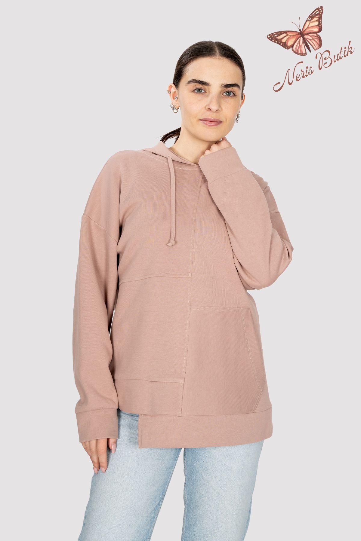 Neris Butik Kadın Kapüşonlu Tek Cep Detaylı Sweatshirt