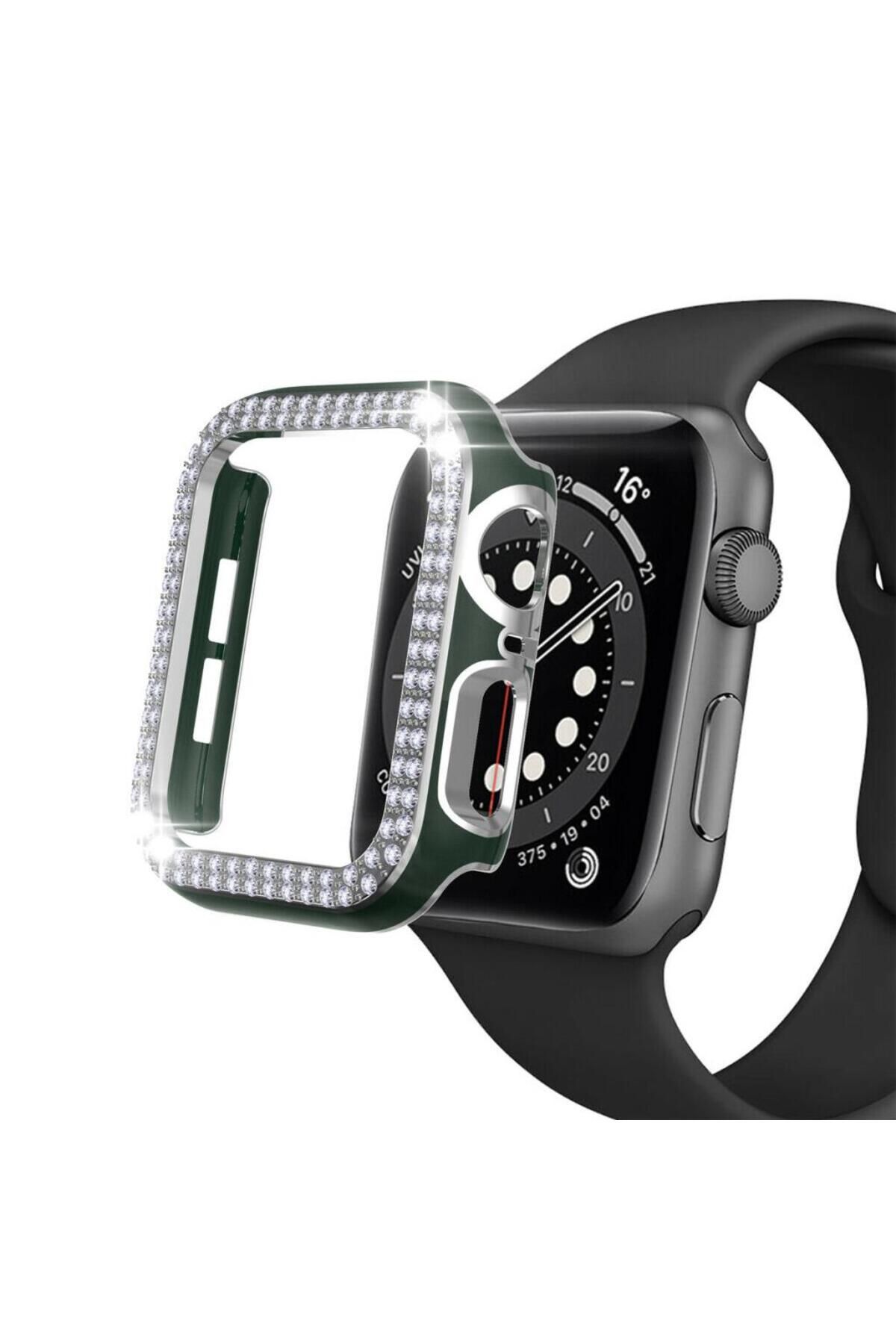 Techmaster Apple Watch 5 6 44mm Uyumlu Çift Sıra Parlak Taşlı Rubber Kasa Kapak