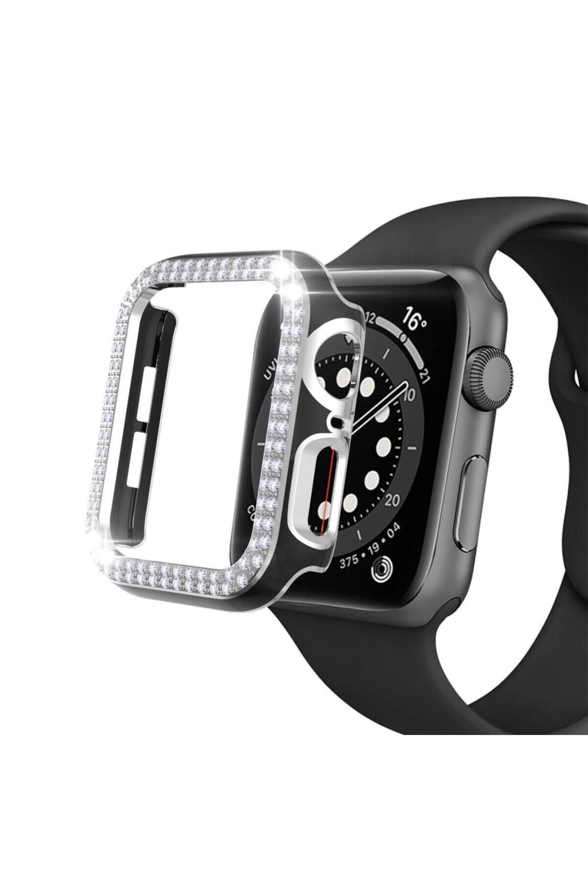 Techmaster Apple Watch 7 Serisi 45mm Çift Sıra Parlak Taşlı Rubber Kasa Kapak