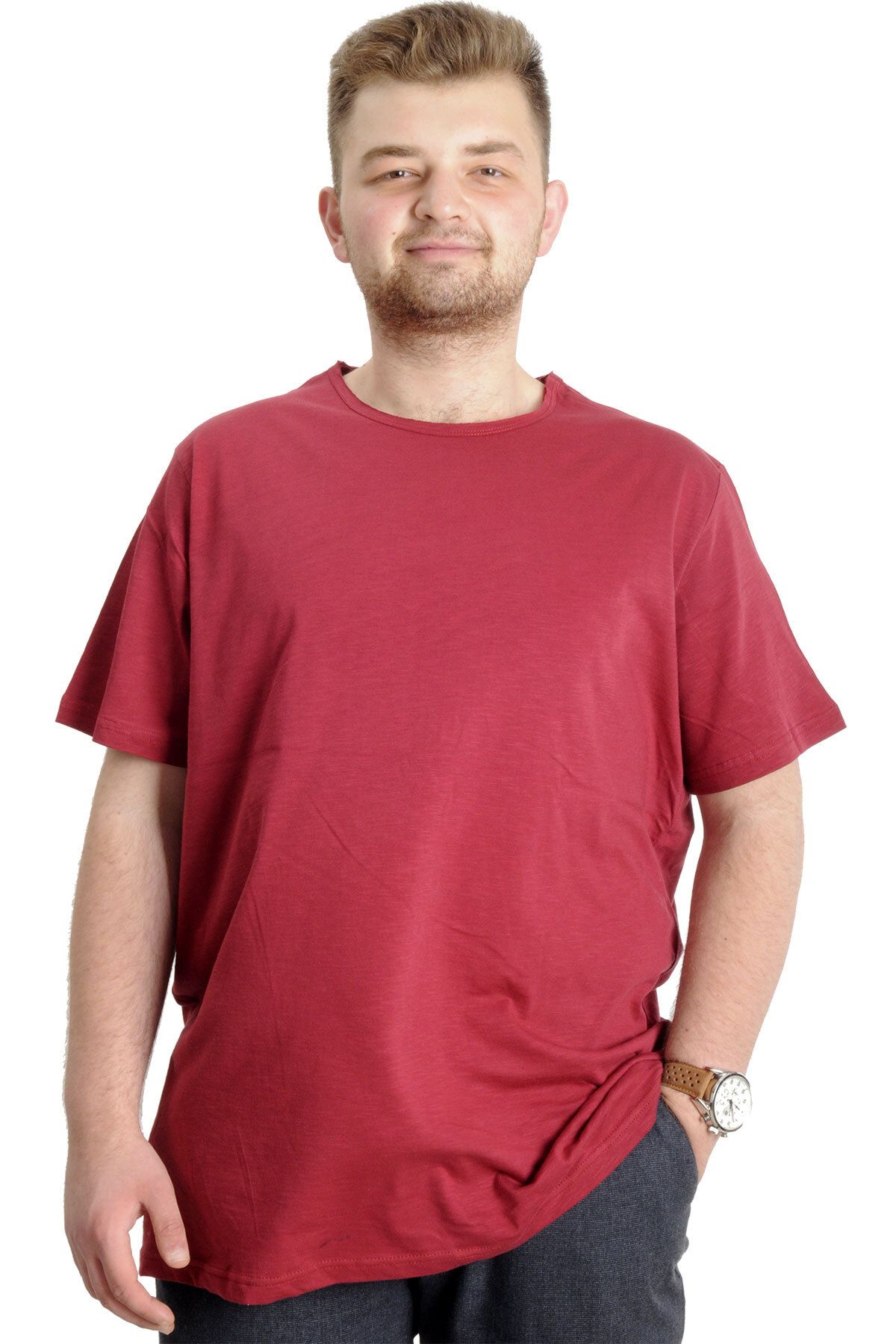 Modexl Mode XL Büyük Beden Erkek T-shirt FLAM Yaka Basic 20035 Bordo