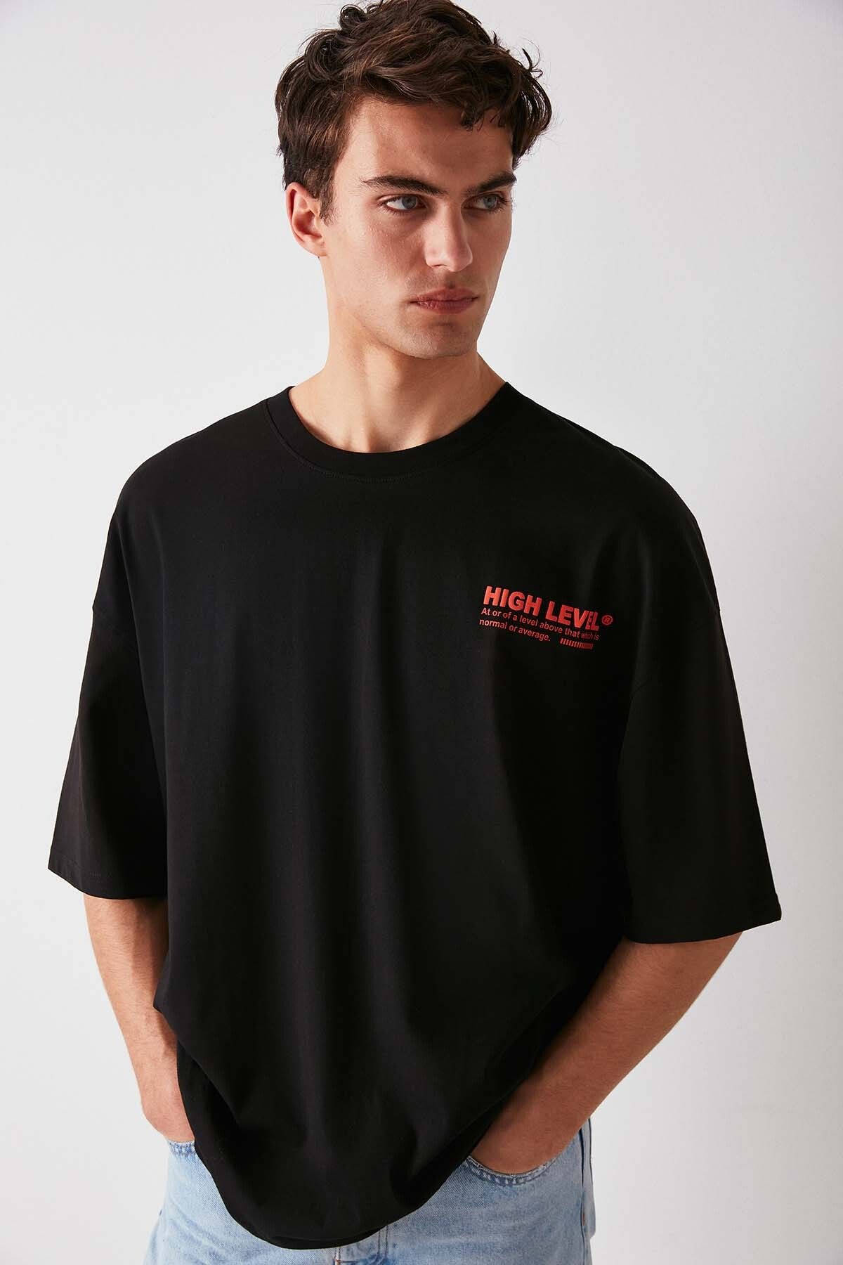 GRIMELANGE Hıgh Erkek Oversize Fit %100 Pamuk Kalın Dokulu Baskılı Siyah T-shirt