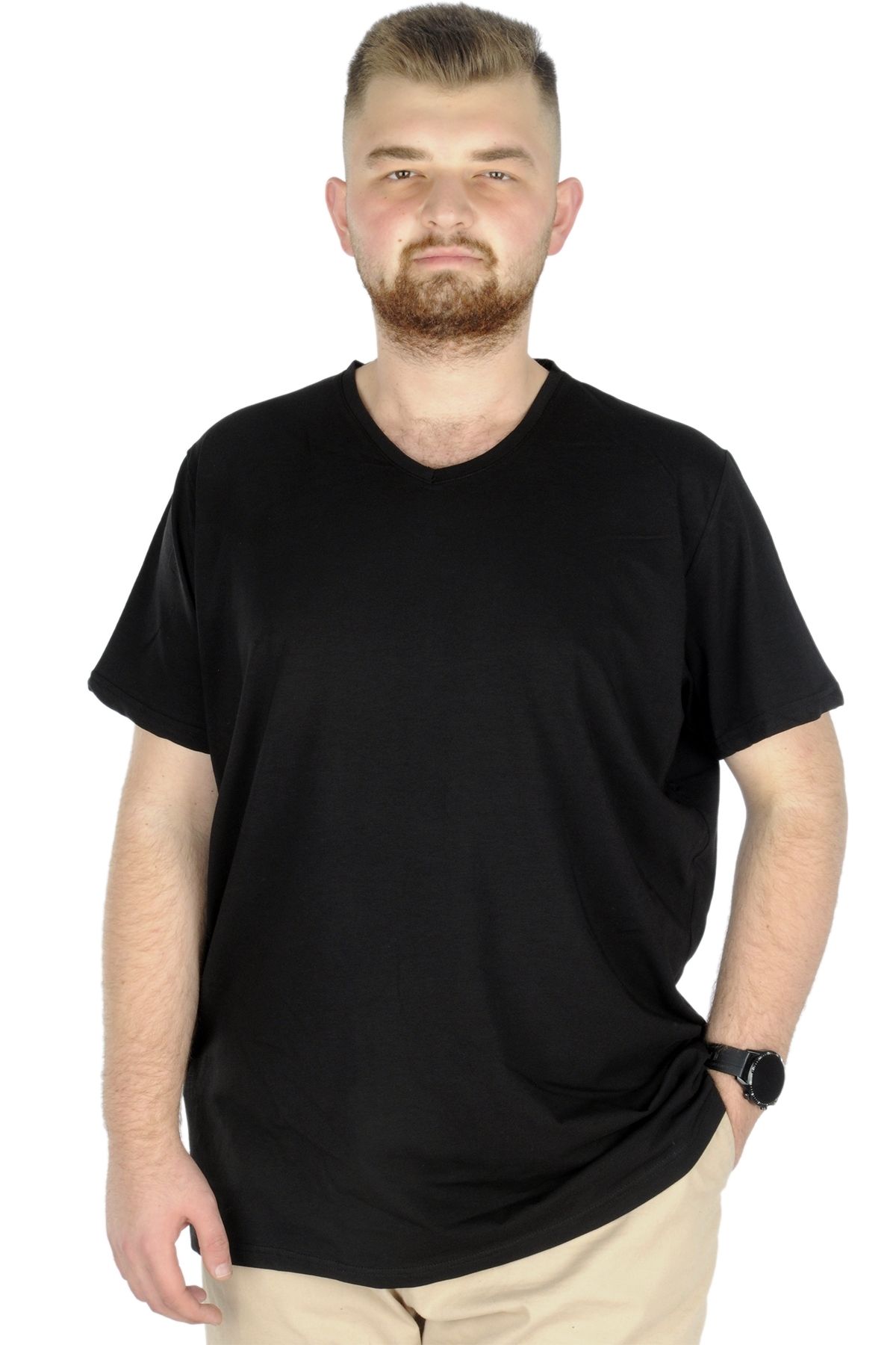 Modexl Mode Xl Büyük Beden T-shirt V Yaka Likralı 20150 Siyah