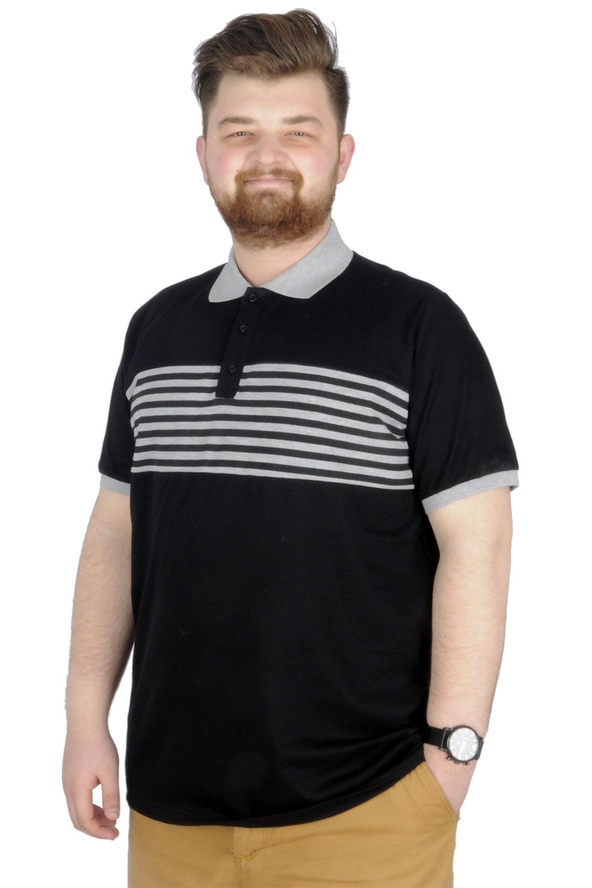 Modexl Mode Xl Büyük Beden T-shirt Polo Striped 22325 Siyah