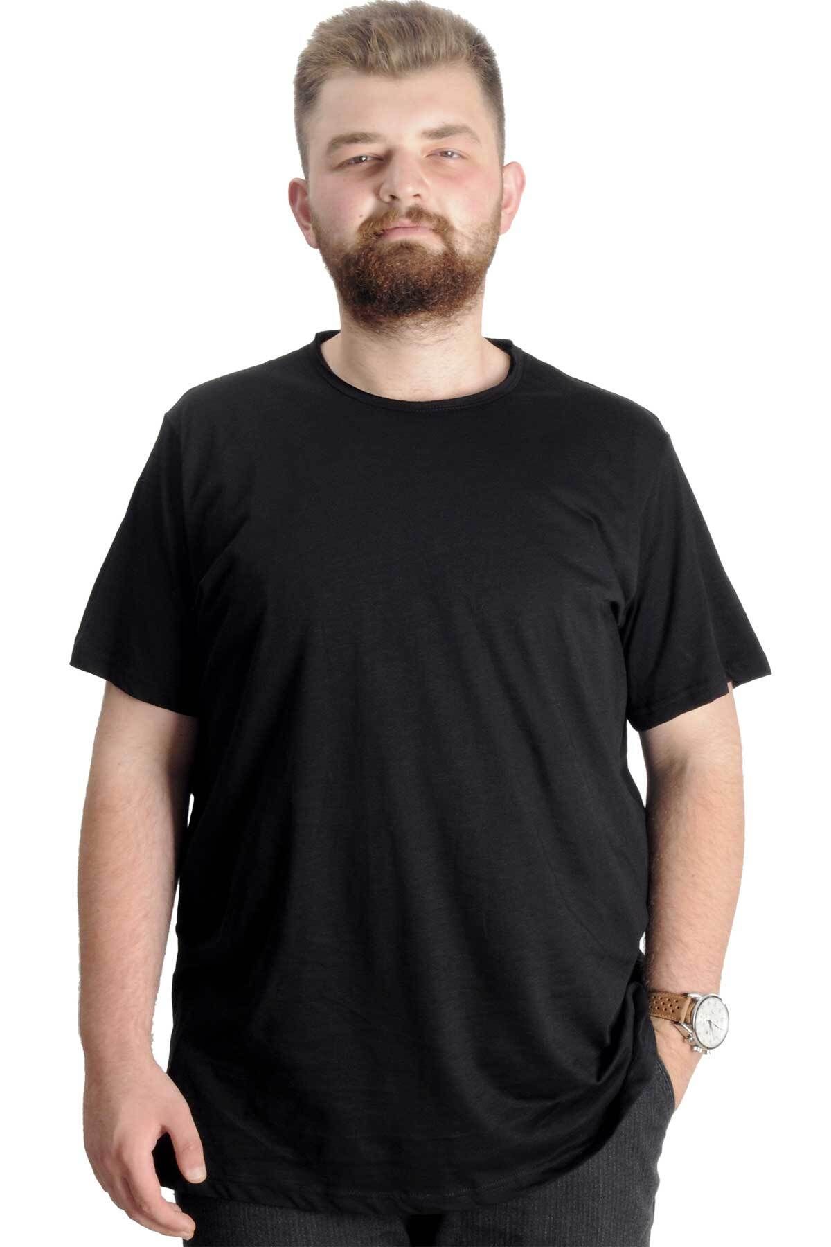 Modexl Mode XL Büyük Beden Erkek T-Shirt Flam Yaka Basic 20035 Siyah