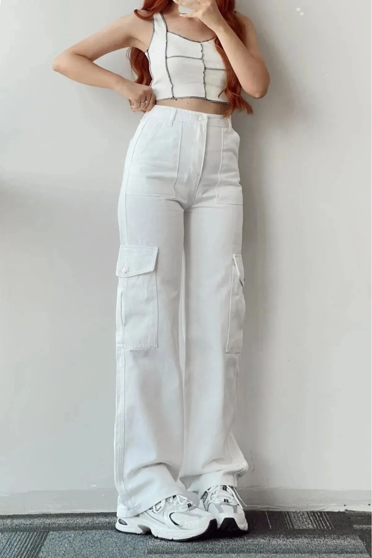 LİMABEL Yüksek Bel Kargo Cepli Beyaz Jeans Kadın Çok Cepli Kargo Kot Pantolon
