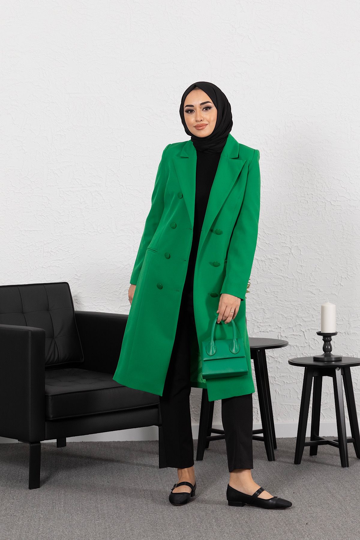 Stilife Uzun Blazer Ceket Yeşil