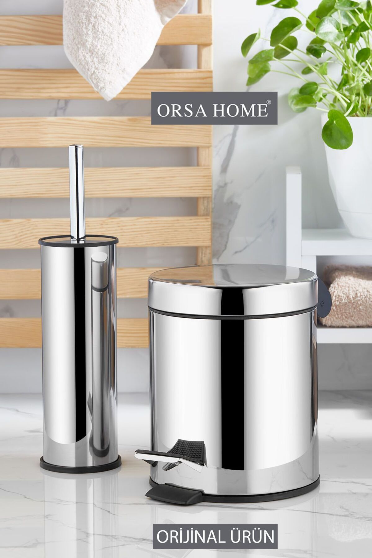 ORSA HOME 084 Paslanmaz Metal Krom Pedallı 3 Lt Çöp Kovası Ve Tuvalet Fırçası Seti