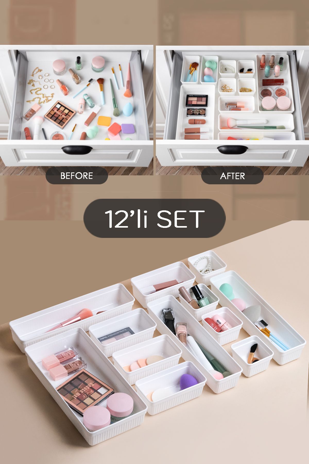 Meleni Home 12'li Kozmetik Takı Düzenleyici Makyaj Organizer - Tasarım Çekmece İçi Organizer Kutu Beyaz