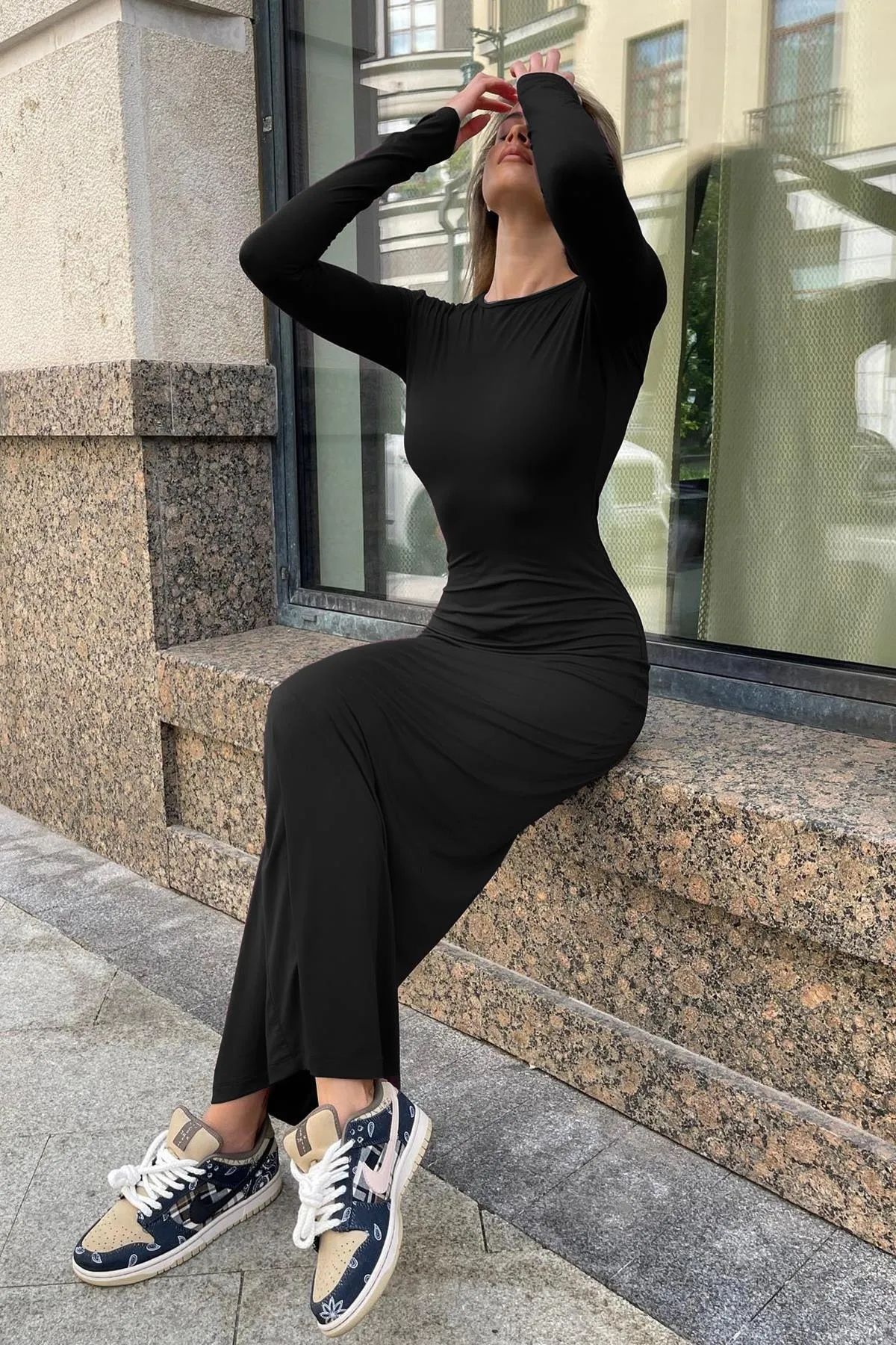 World Fashion Trends Siyah Basic Uzun Kollu Esnek Elbise