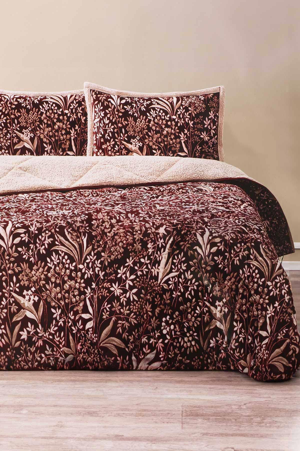 Merinos Comforter Çift Kişilik Yorgan Seti Bordo Çiçekli 220x240 cm