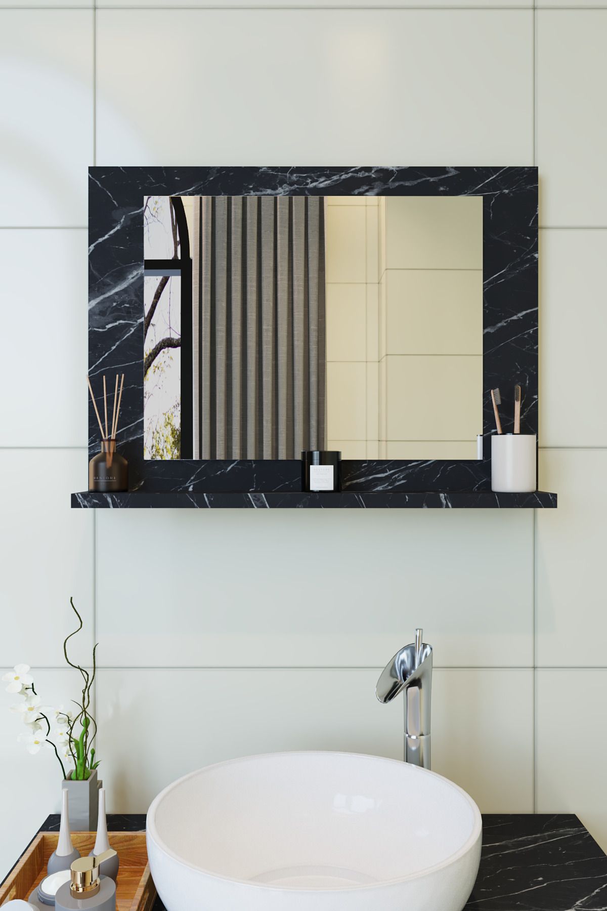 makbulce Yakut Dresuar,60x45 Mermer Raflı Banyo Aynası