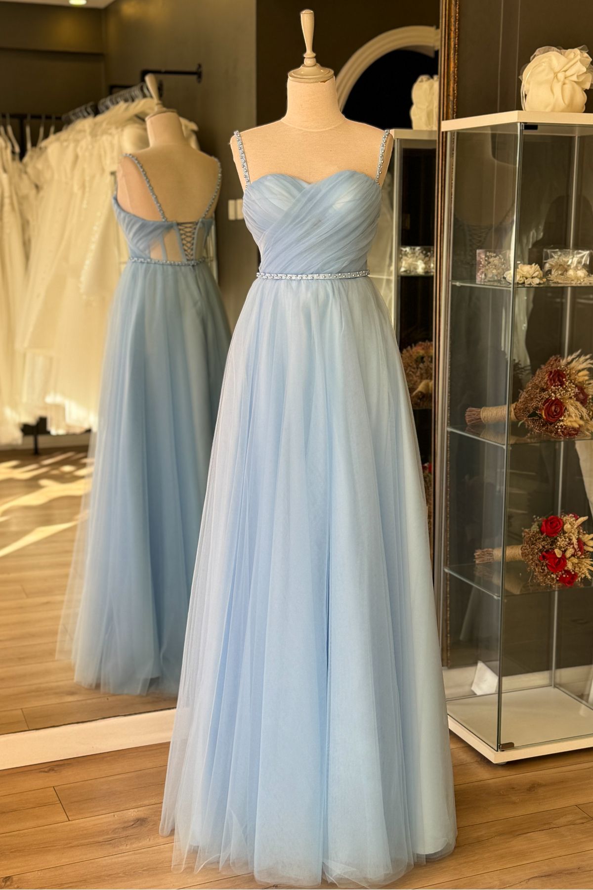 Lenta Moda Buz Mavi Drapeli Ve İnci Detaylı Tül Abiye & Nikah Elbisesi