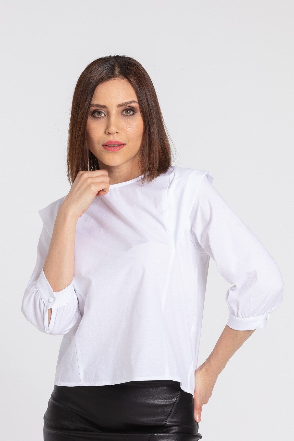 Jument Kadın Sıfır Yaka Poplin Pamuk Omuz Detaylı Crop Bluz-beyaz