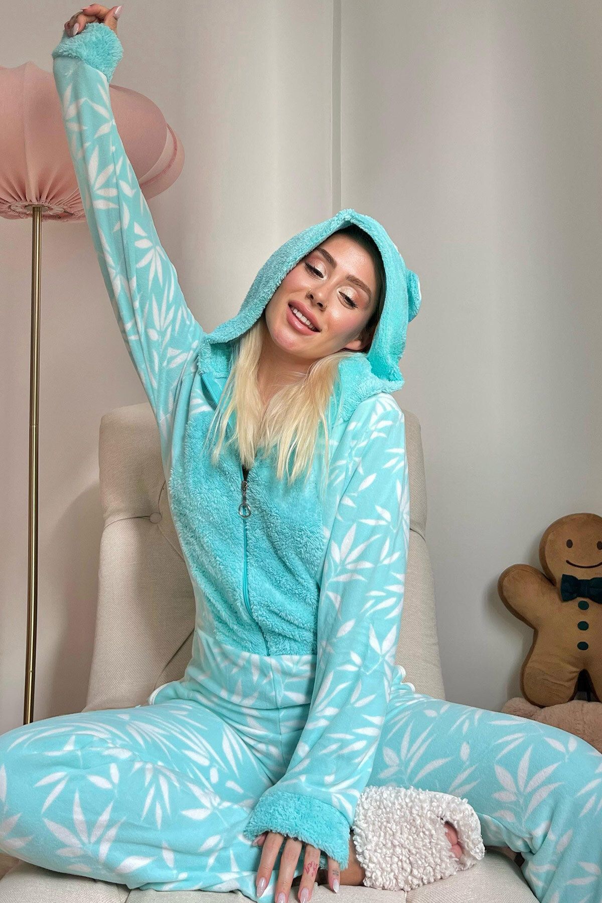 Pijamaevi Mint Yeşili Digitate Desenli Kadın Polar Peluş Tulum Pijama