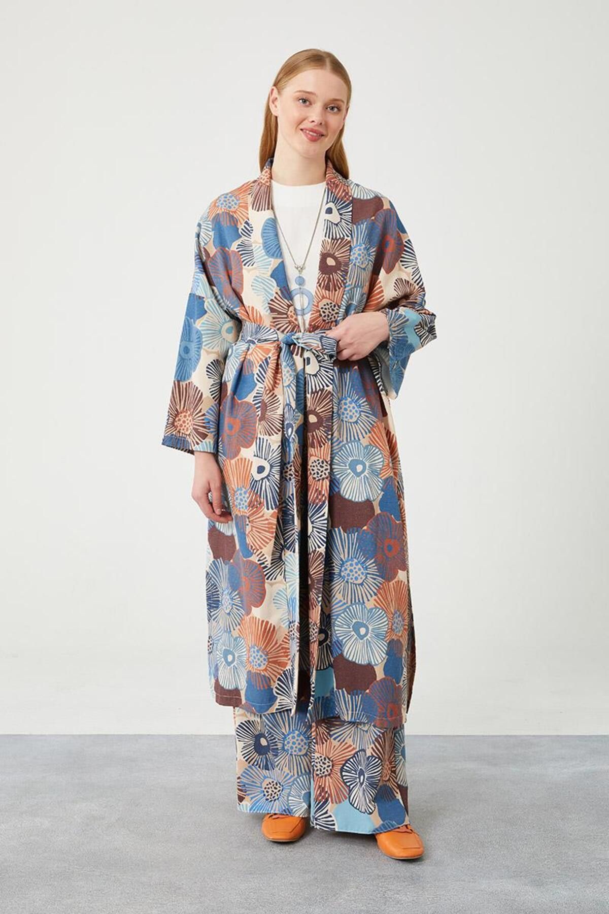 Levidor Indigo Ikili Takım Keten Çiçekli Kimono