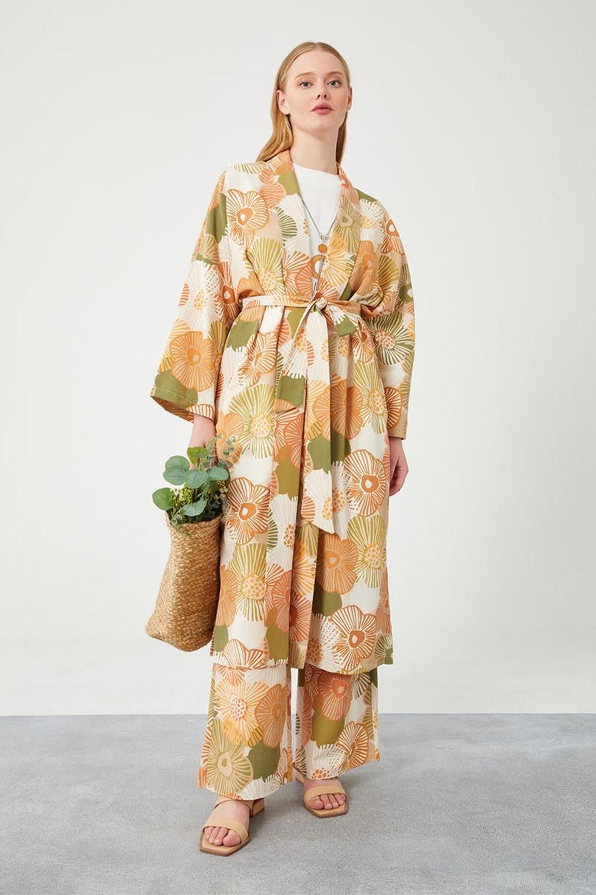 Levidor Oranj Ikili Takım Keten Çiçekli Kimono