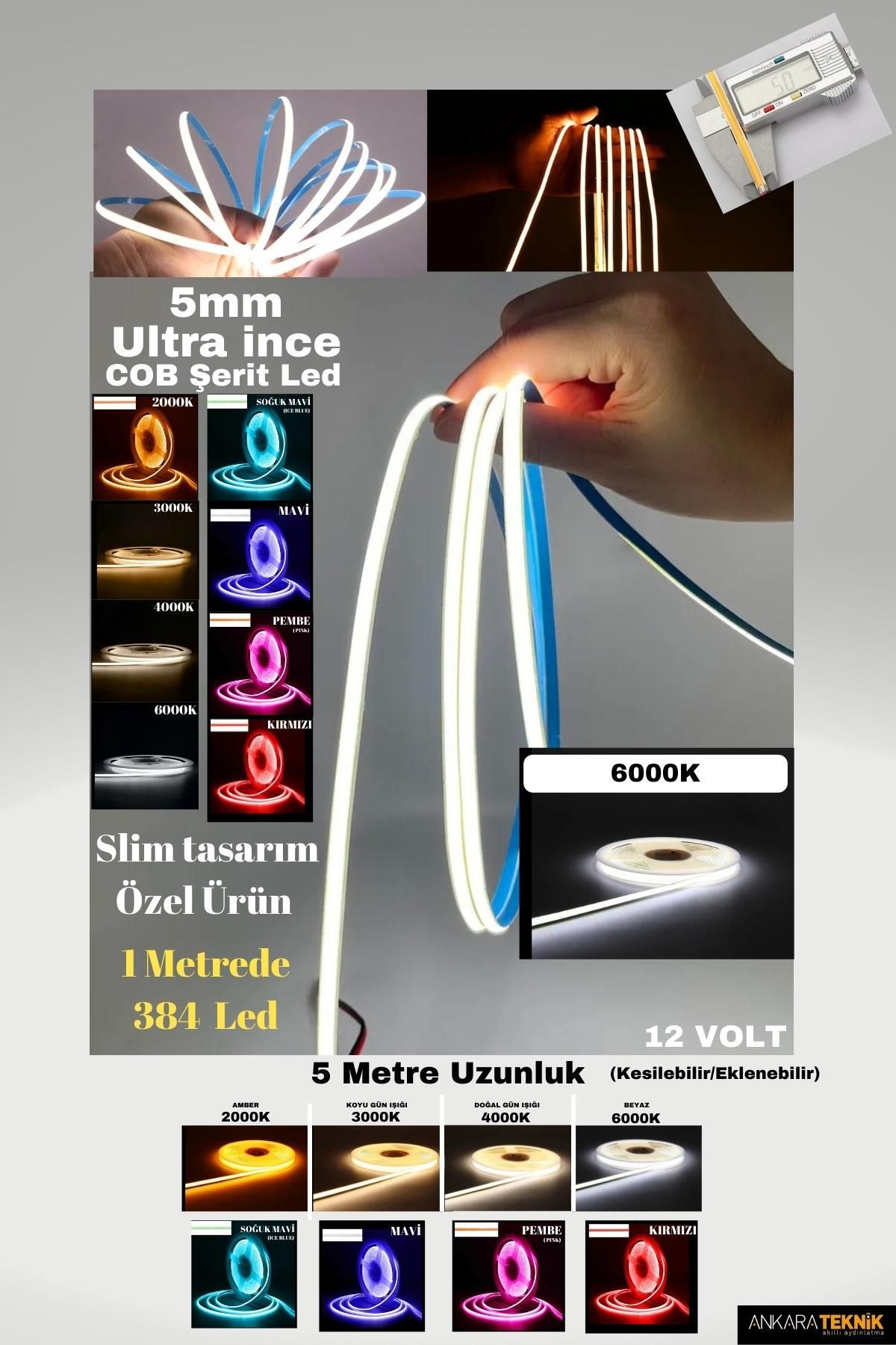 OEM Ultra Ince 5mm. Kalınlık Cob Şerit Led (BEYAZ/6000K) Neon Gibi Yanar. 1 Metrede 384 Led