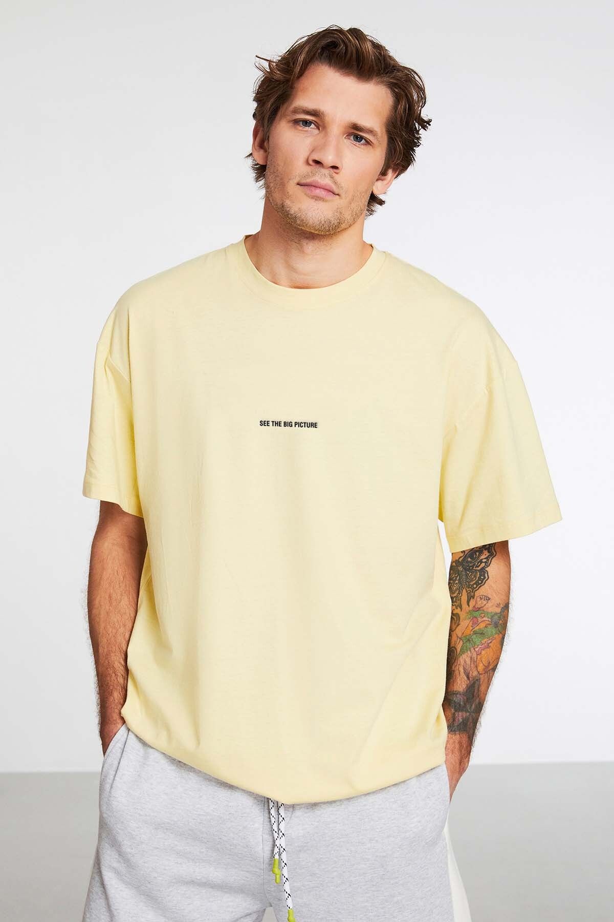 GRIMELANGE Rıver Erkek Oversize Fit Önü Nakışlı %100 Pamuklu Sarı T-shirt