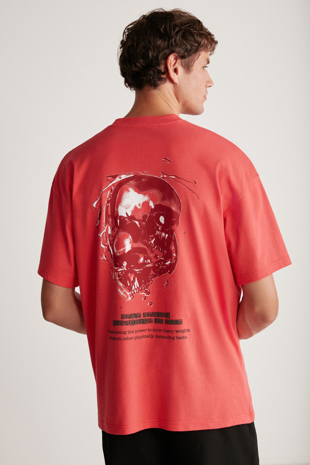 GRIMELANGE Raphael Erkek Oversize Fit %100 Pamuk Kalın Dokulu Baskılı Kırmızı T-shirt