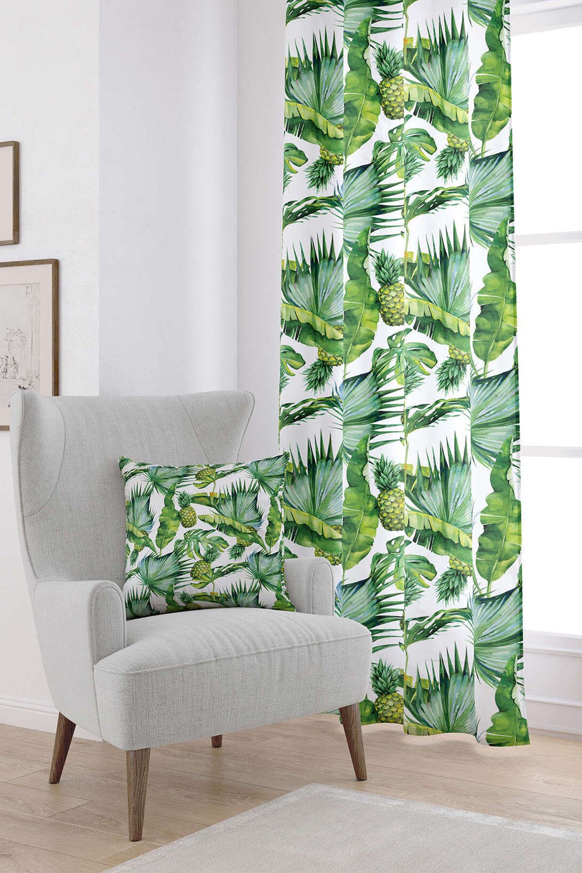 Cango Home Yeşil Tropik Yaprak Ve Ananas Desenli Dijital Baskılı Perde Otyk501-pr
