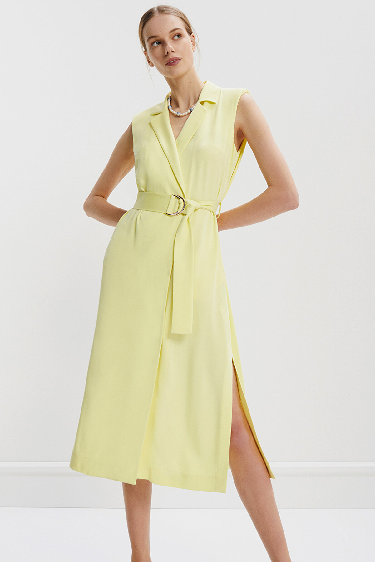 Perspective Maria Regular Fit Sıfır Kol Diz Altı Limon Renk Elbise
