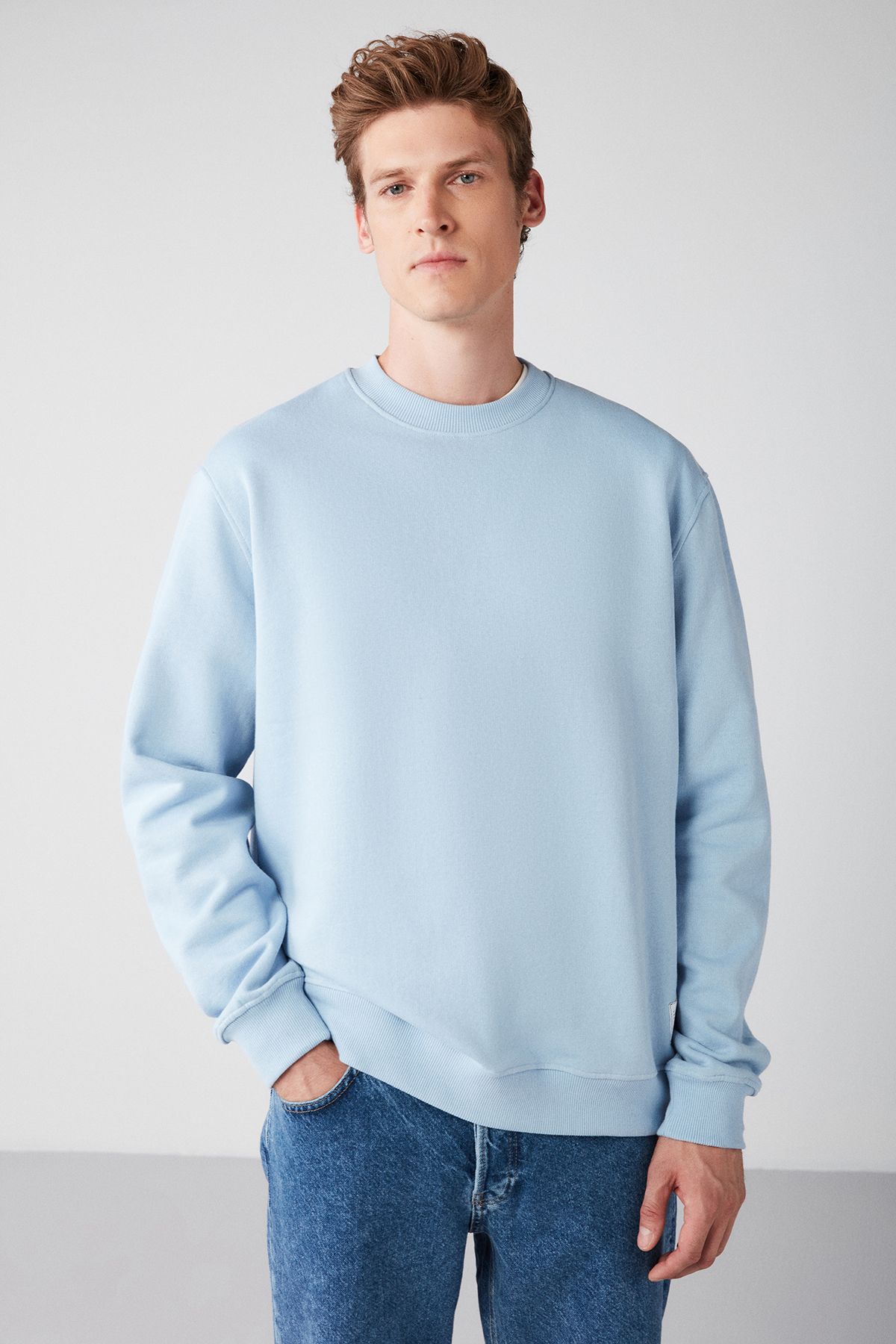 GRIMELANGE Travis Erkek Yumuşacık Kumaşlı Regular Fit Yuvarlak Yakalı Mavi Sweatshirt
