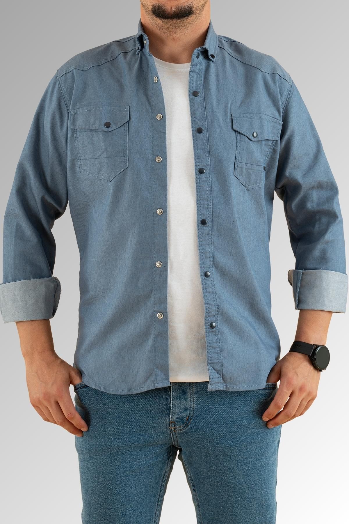 YXC Trend Maker Erkek Mavi Slim Fit Dar Kalıp Pamuklu Kot Gömlek
