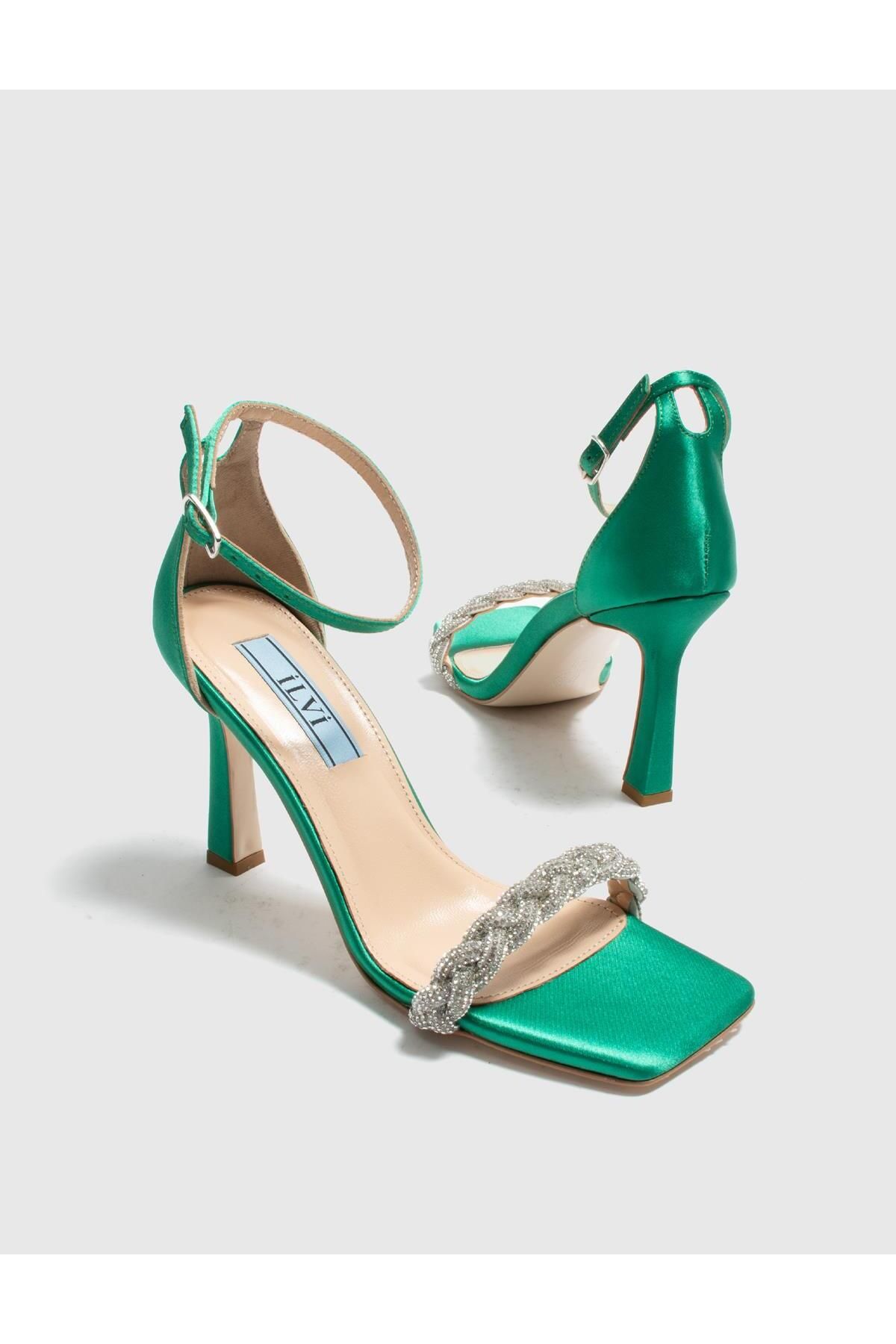 İlvi Apirka Hakiki Deri Saten Kadın Yeşil Topuklu Sandalet